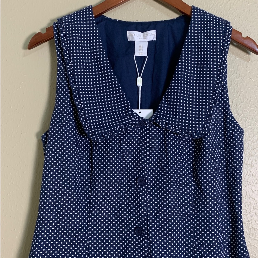 New Caroline Constas‎ Polka Dot Mini Dress Linen Blend Navy Mediterranean Size 8 - Picture 4 of 10
